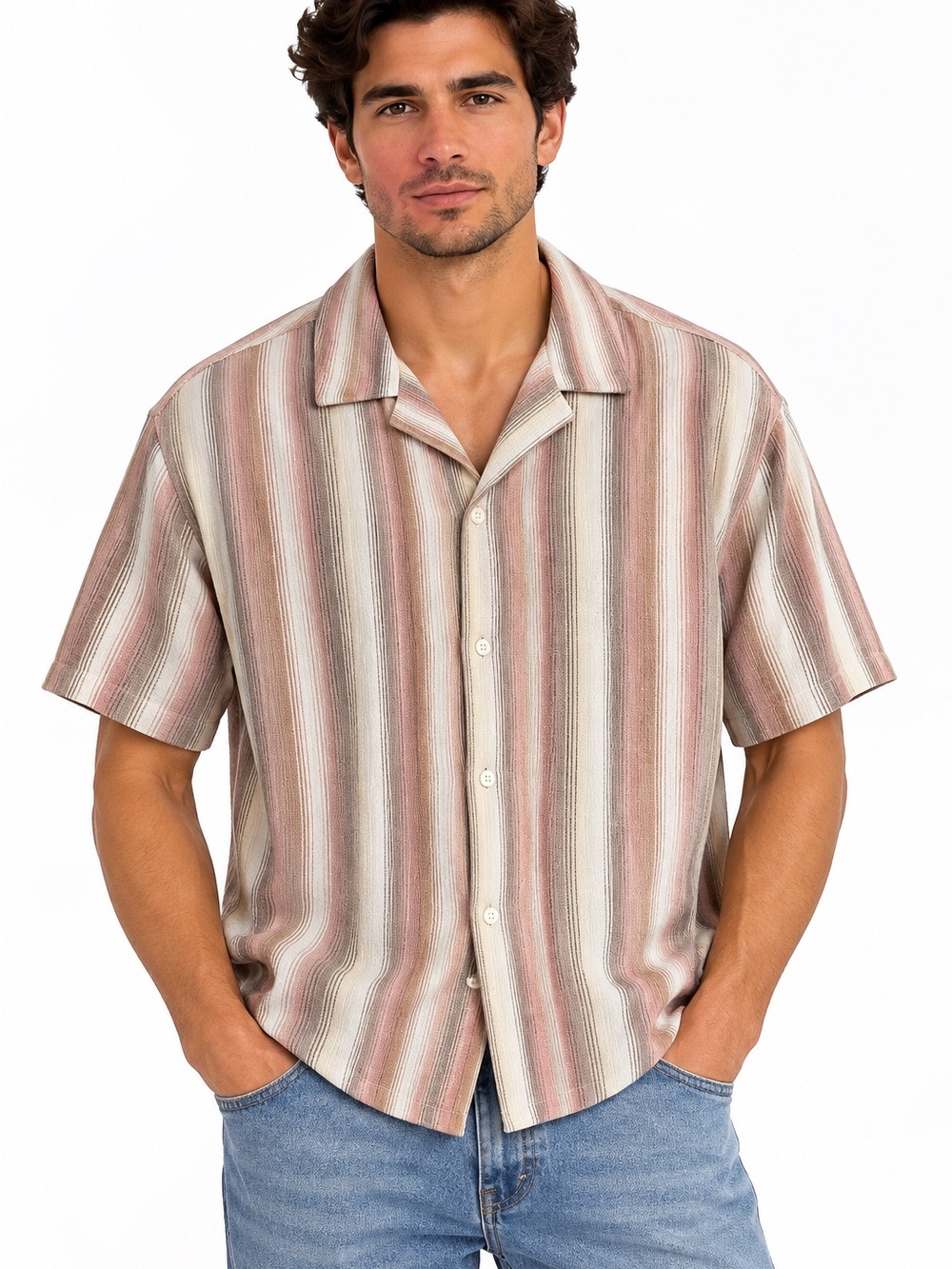 Express Men’s XL Striped Camp Collar Short Sleeve Shirt Pink Cream NWT